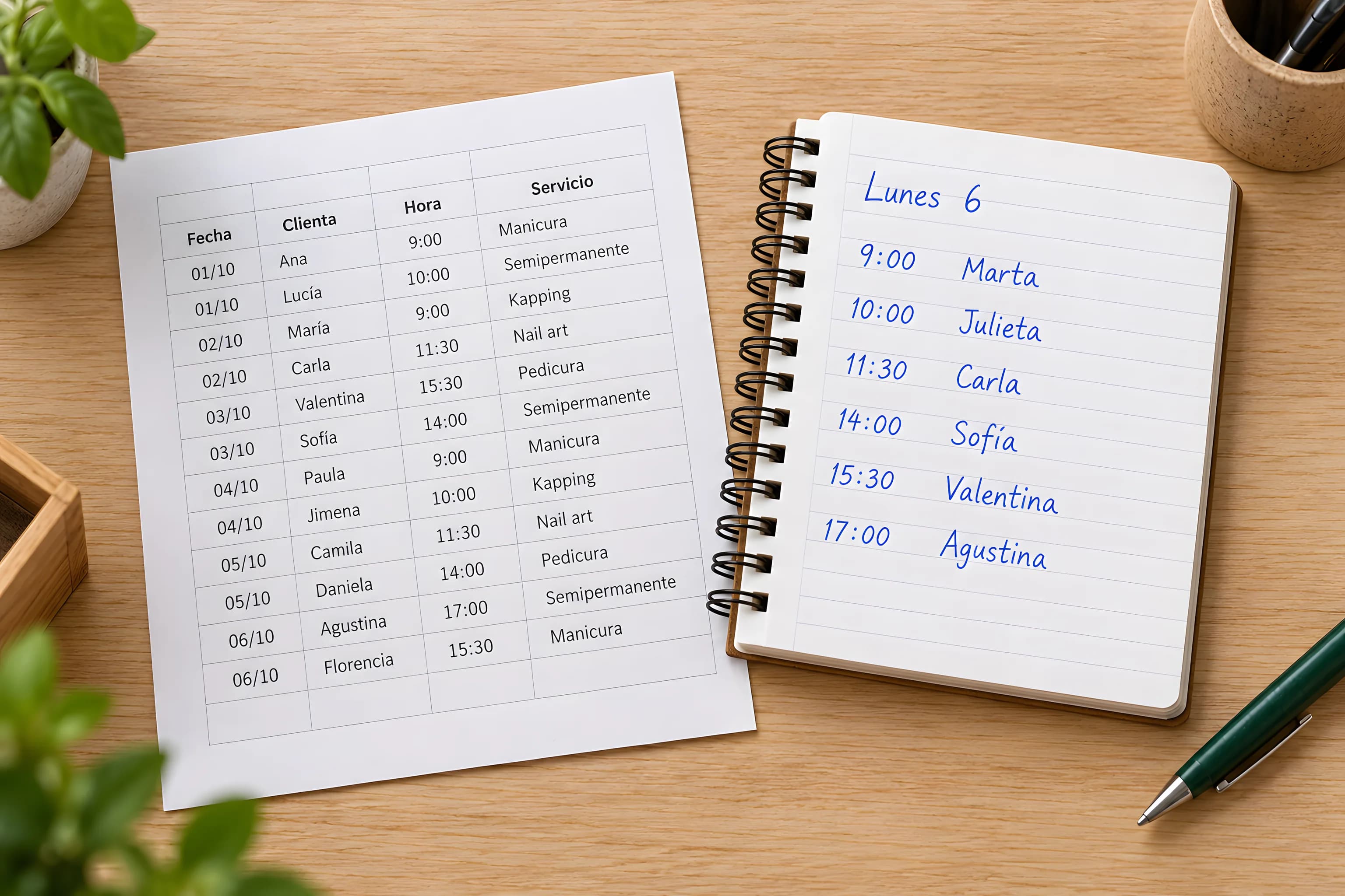 Antes: una planilla impresa con las atenciones y una agenda de papel con los turnos del lunes, sobre un escritorio.
