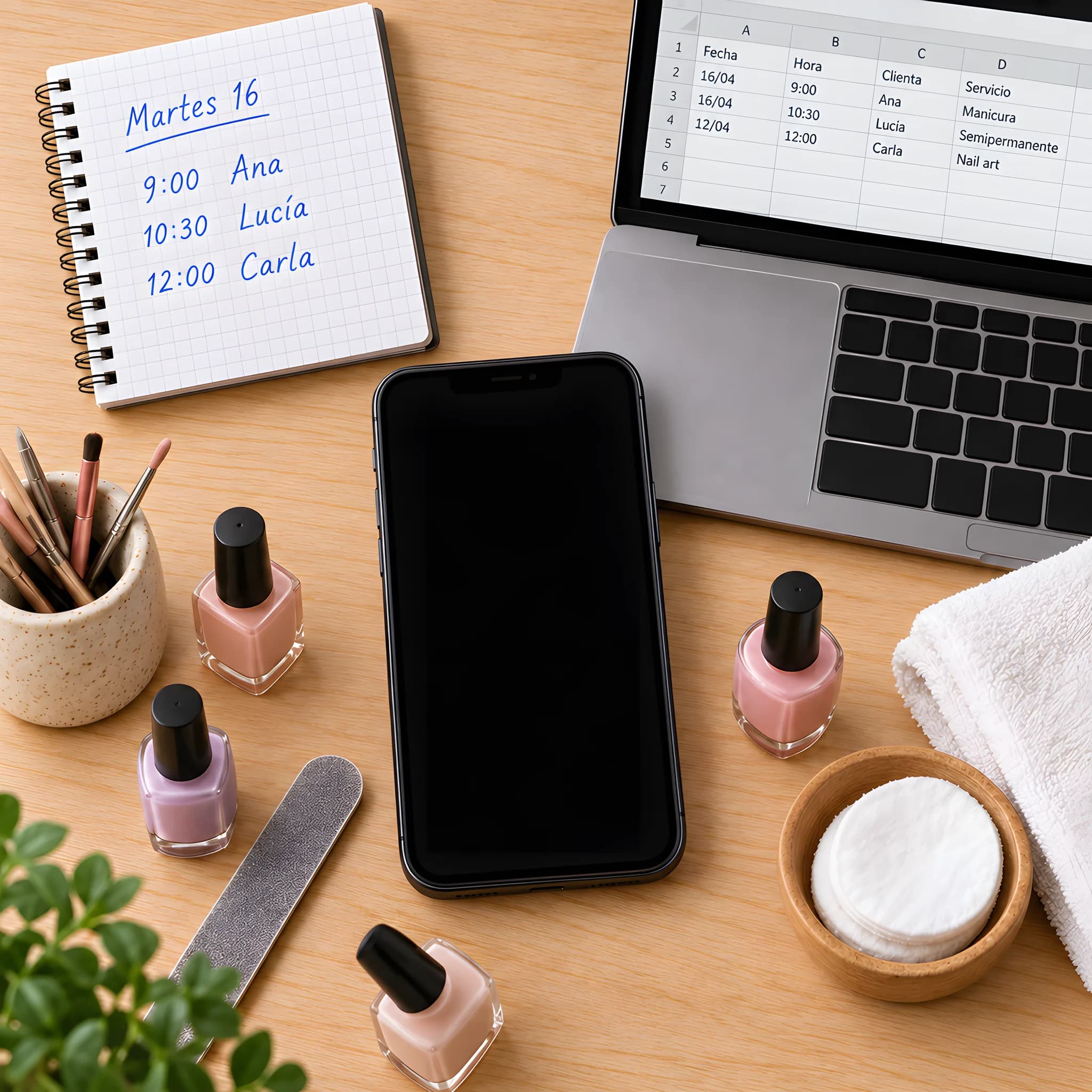 Una mesa de manicura con esmaltes, una lima y una toalla: la agenda de papel del martes y una planilla en la computadora apuntan al celular, que muestra la Agenda de Bigu con las citas del día.