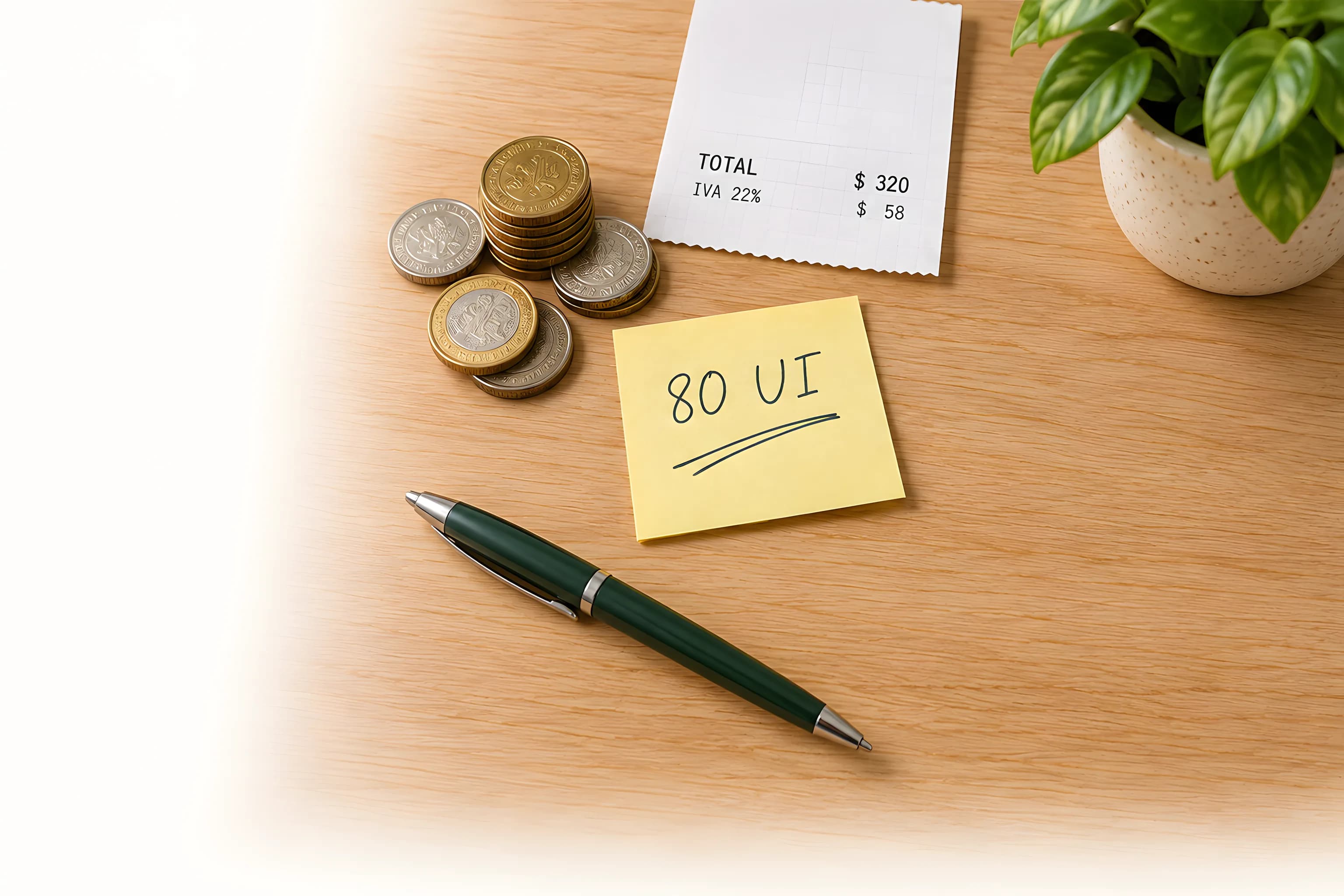 Monedas, un ticket con el total y el IVA, y una nota amarilla que dice «80 UI» sobre un mostrador de madera.