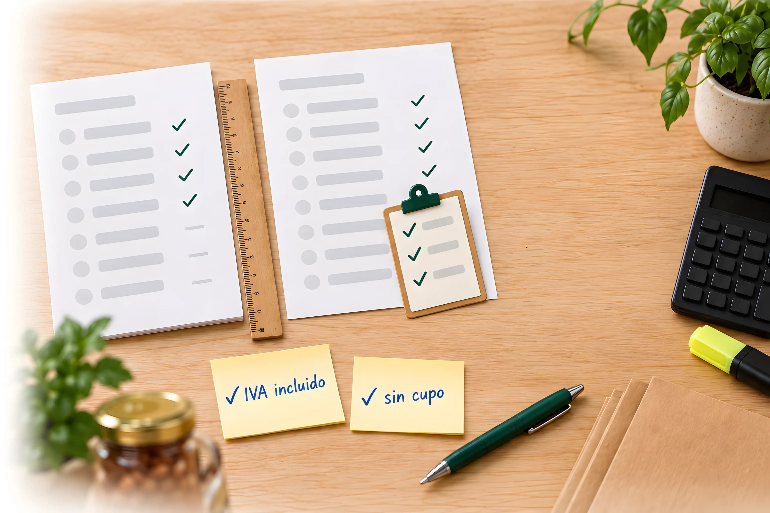 Dos hojas impresas con marcas de verificación, una regla, notas que dicen «IVA incluido» y «sin cupo», una calculadora y una planta sobre el escritorio.