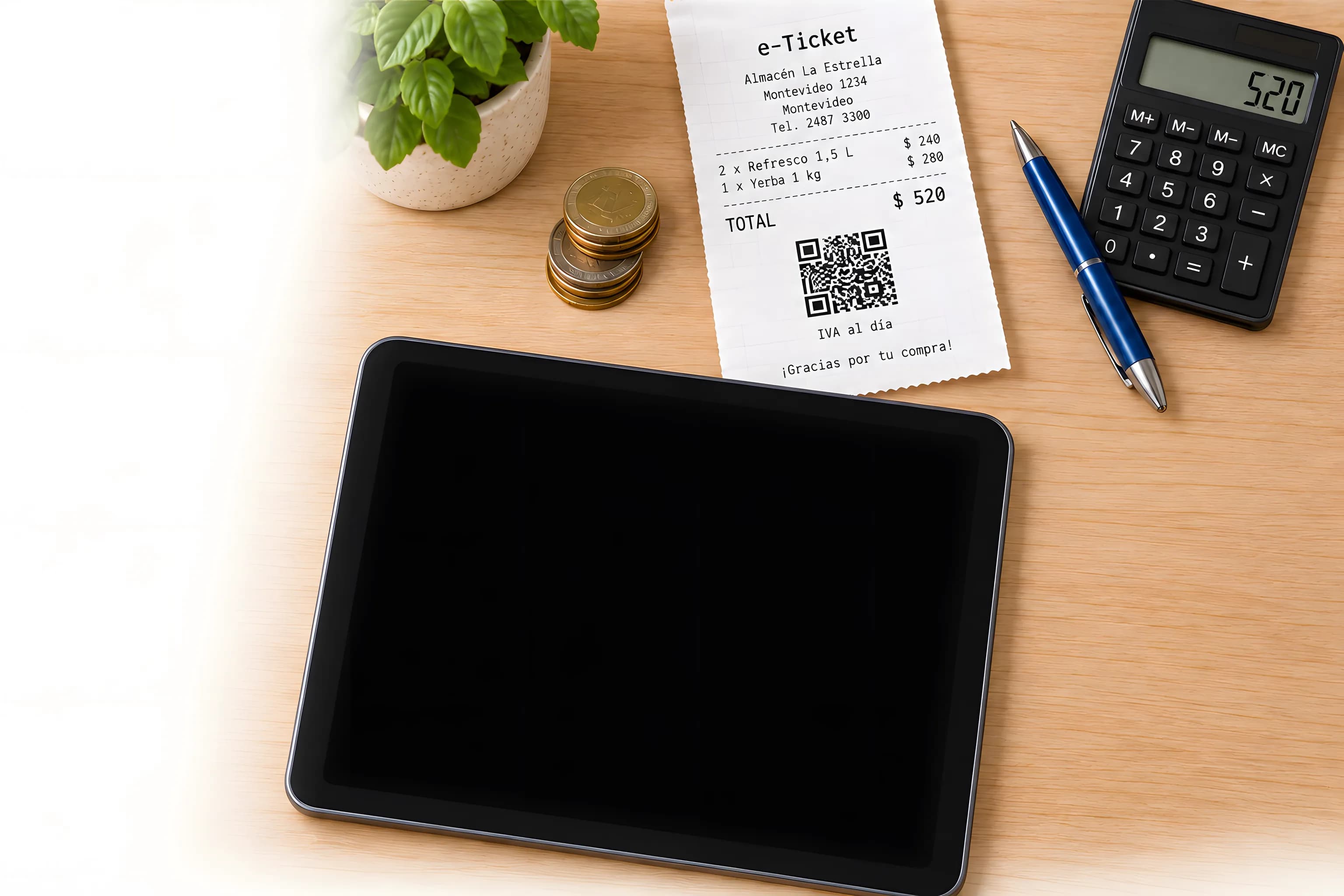 Un mostrador de madera con un e-Ticket impreso de Almacén La Estrella por $ 520, monedas, una calculadora, una lapicera y una tableta con Bigu.