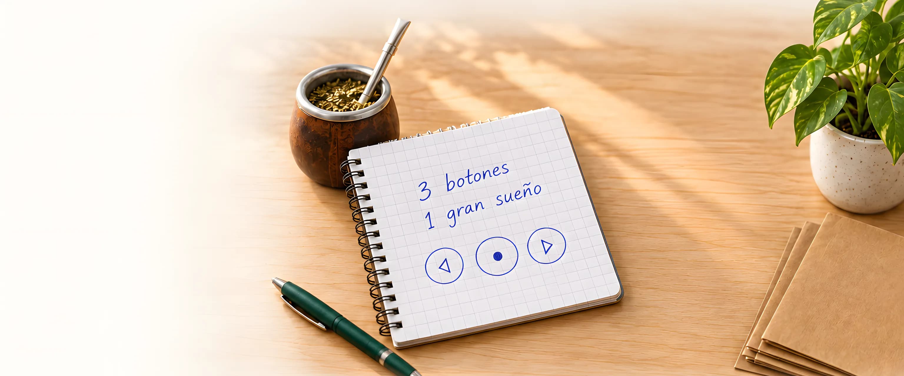 Un mate junto a una libreta donde dice «3 botones, 1 gran sueño» con tres botones dibujados, una lapicera, una planta y sobres de papel.