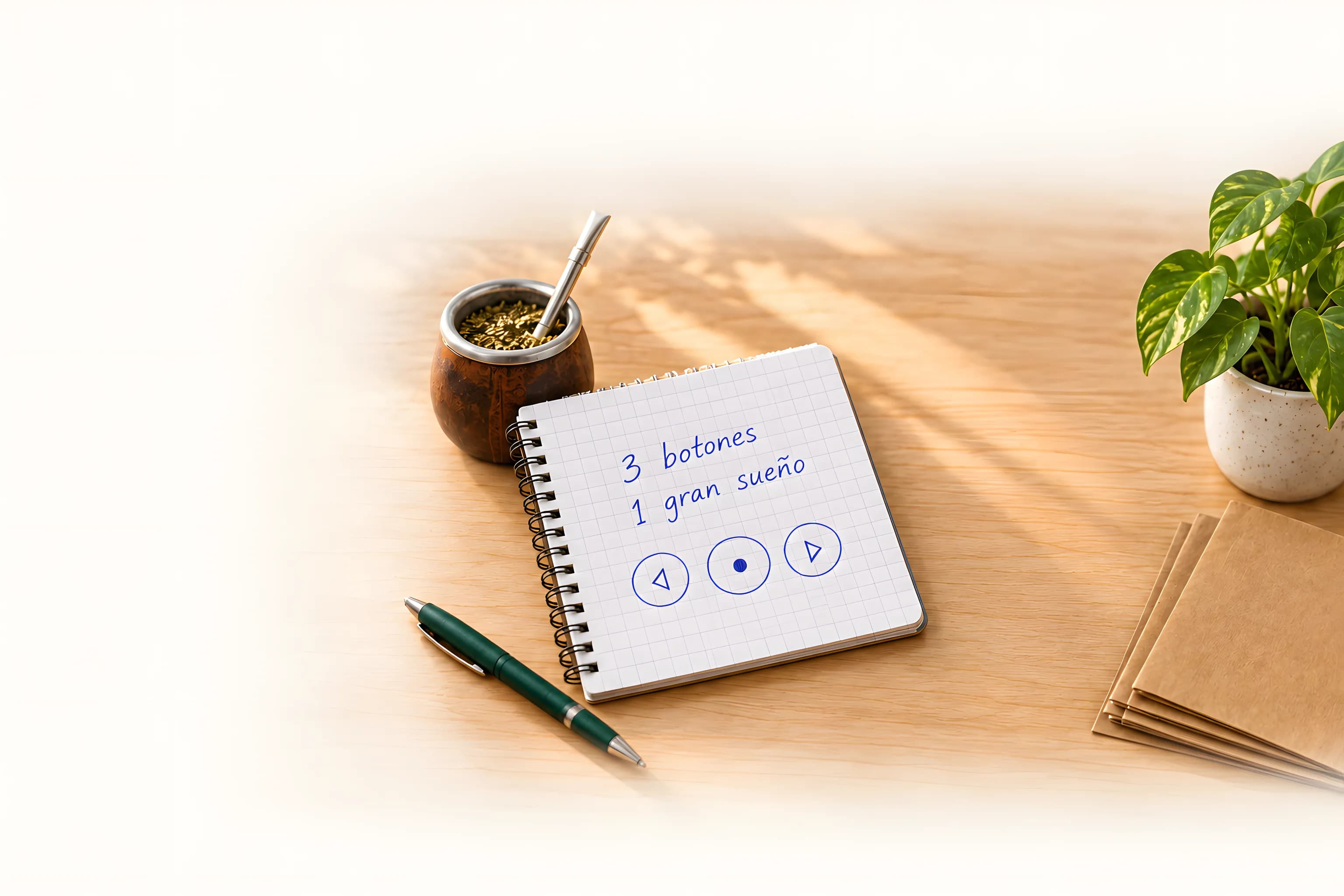 Un mate junto a una libreta donde dice «3 botones, 1 gran sueño» con tres botones dibujados, una lapicera, una planta y sobres de papel.