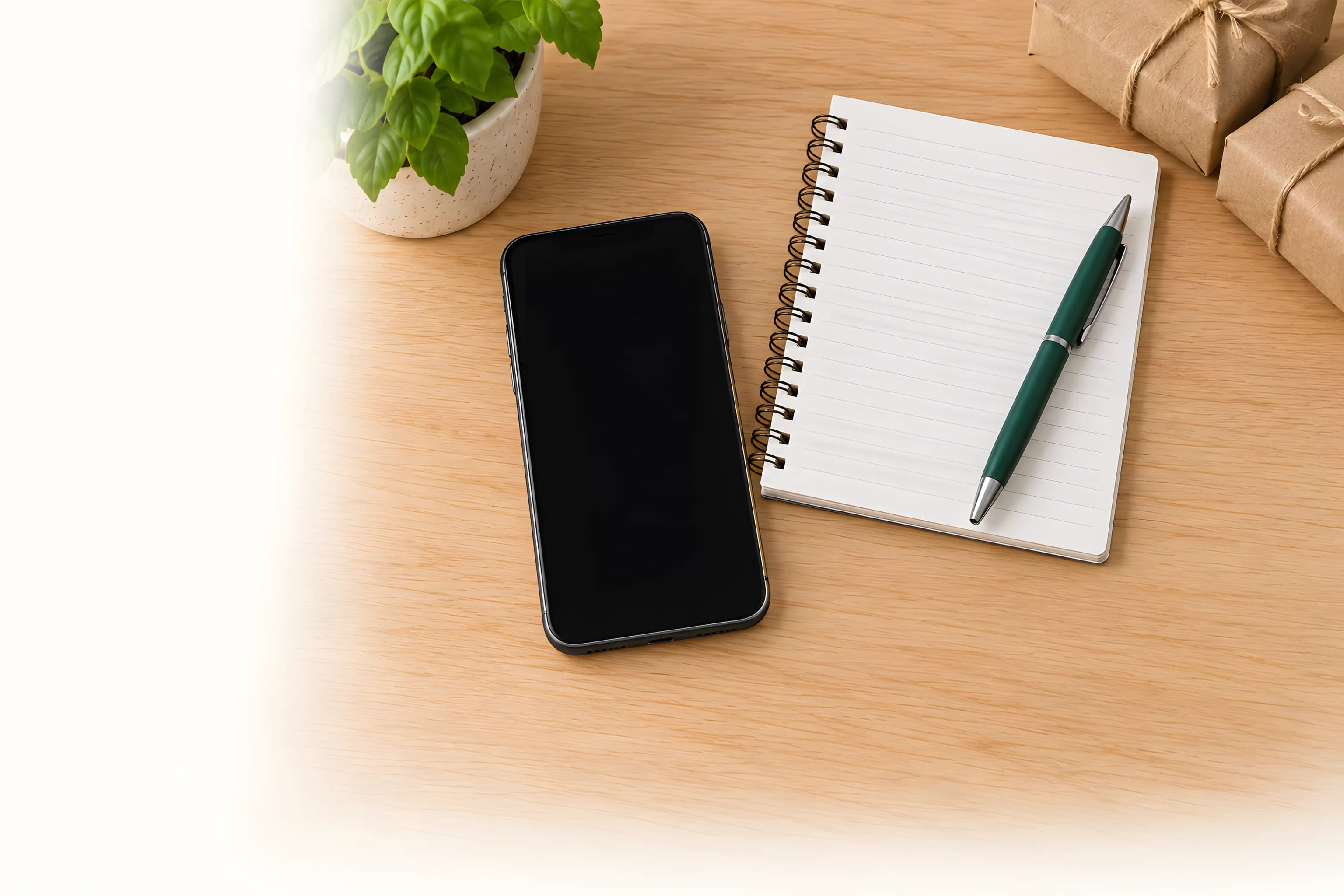 Un celular apagado junto a una libreta abierta, una lapicera, una planta y paquetes listos sobre el mostrador.