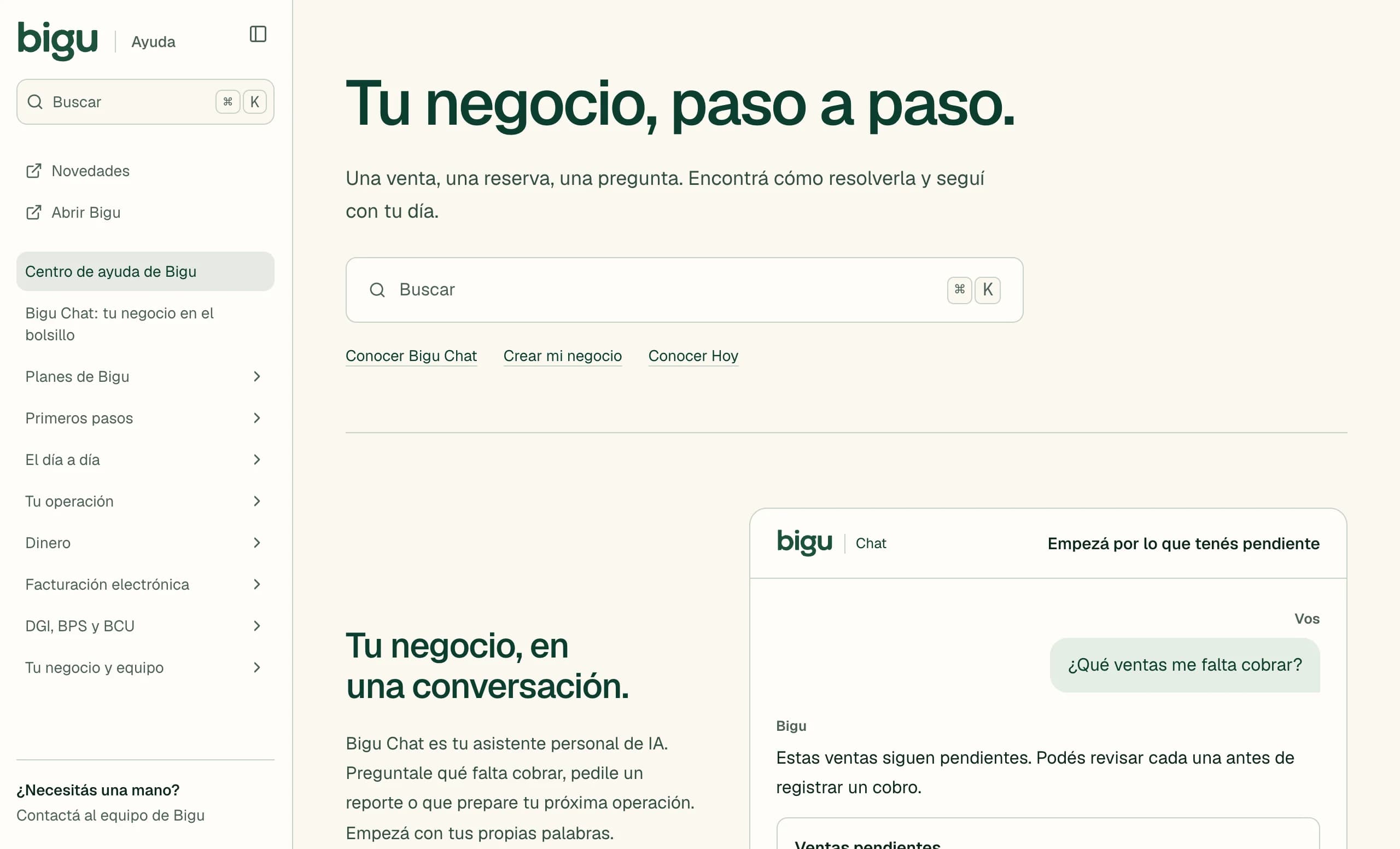 El centro de ayuda de Bigu: «Tu negocio, paso a paso.», el buscador y las guías por tema.