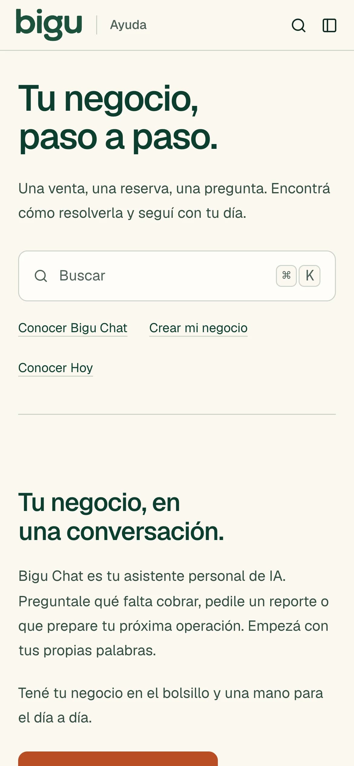 El centro de ayuda de Bigu en el celular, con el buscador y los accesos para empezar.