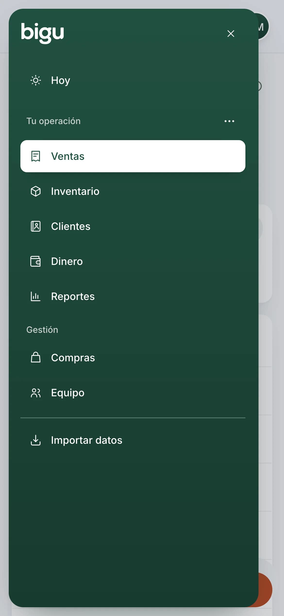 La navegación de Bigu en el celular: Hoy, Tu operación con Ventas, Inventario, Clientes, Dinero y Reportes, y Gestión.