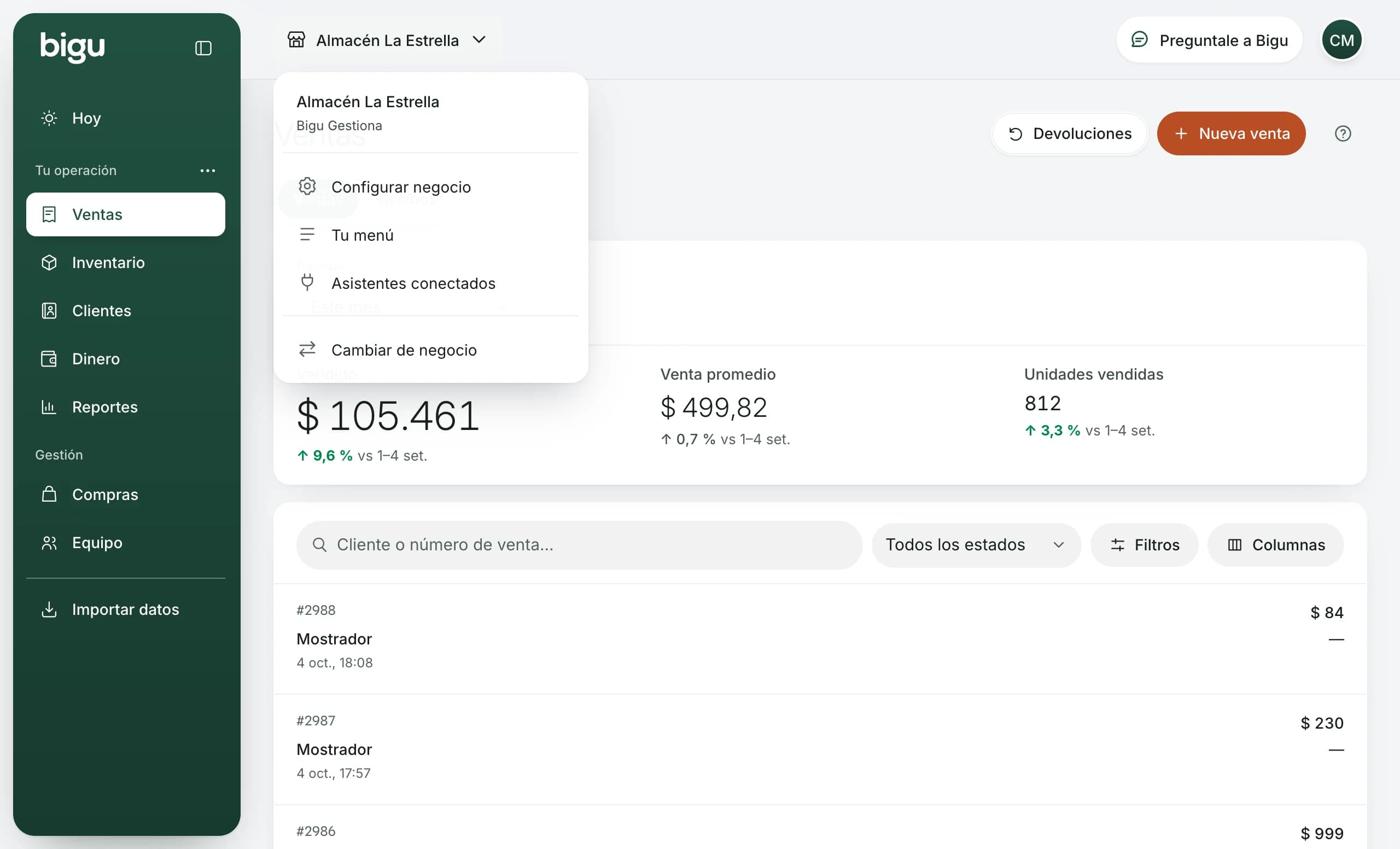 El menú de Almacén La Estrella abierto en Bigu: Configurar negocio, Tu menú, Asistentes conectados y Cambiar de negocio.