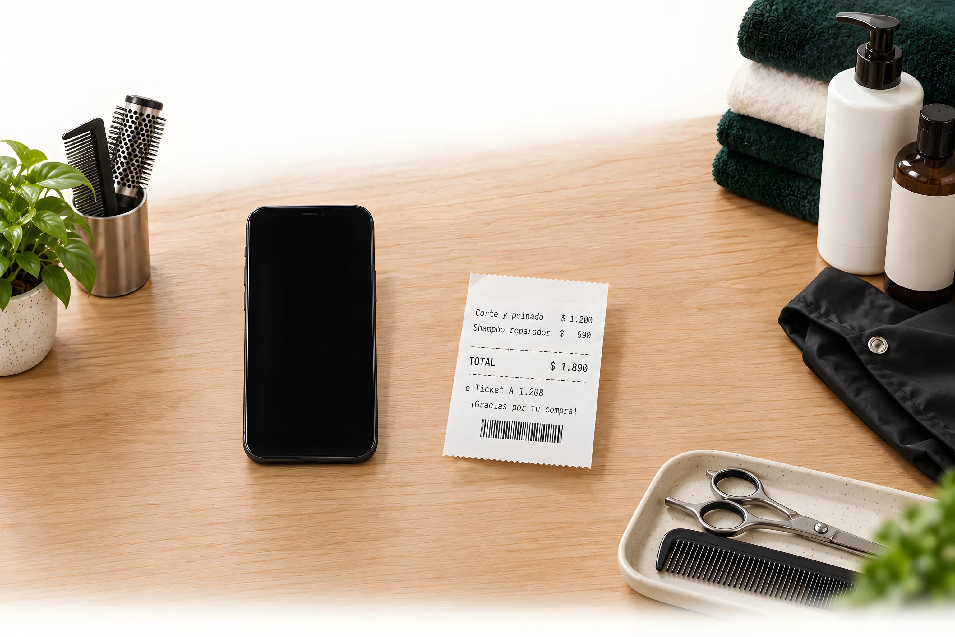 El ticket de la peluquería sobre el mostrador: un corte y peinado y un shampoo reparador por $ 1.890, junto a un celular, toallas, productos y una bandeja con tijera y peine.