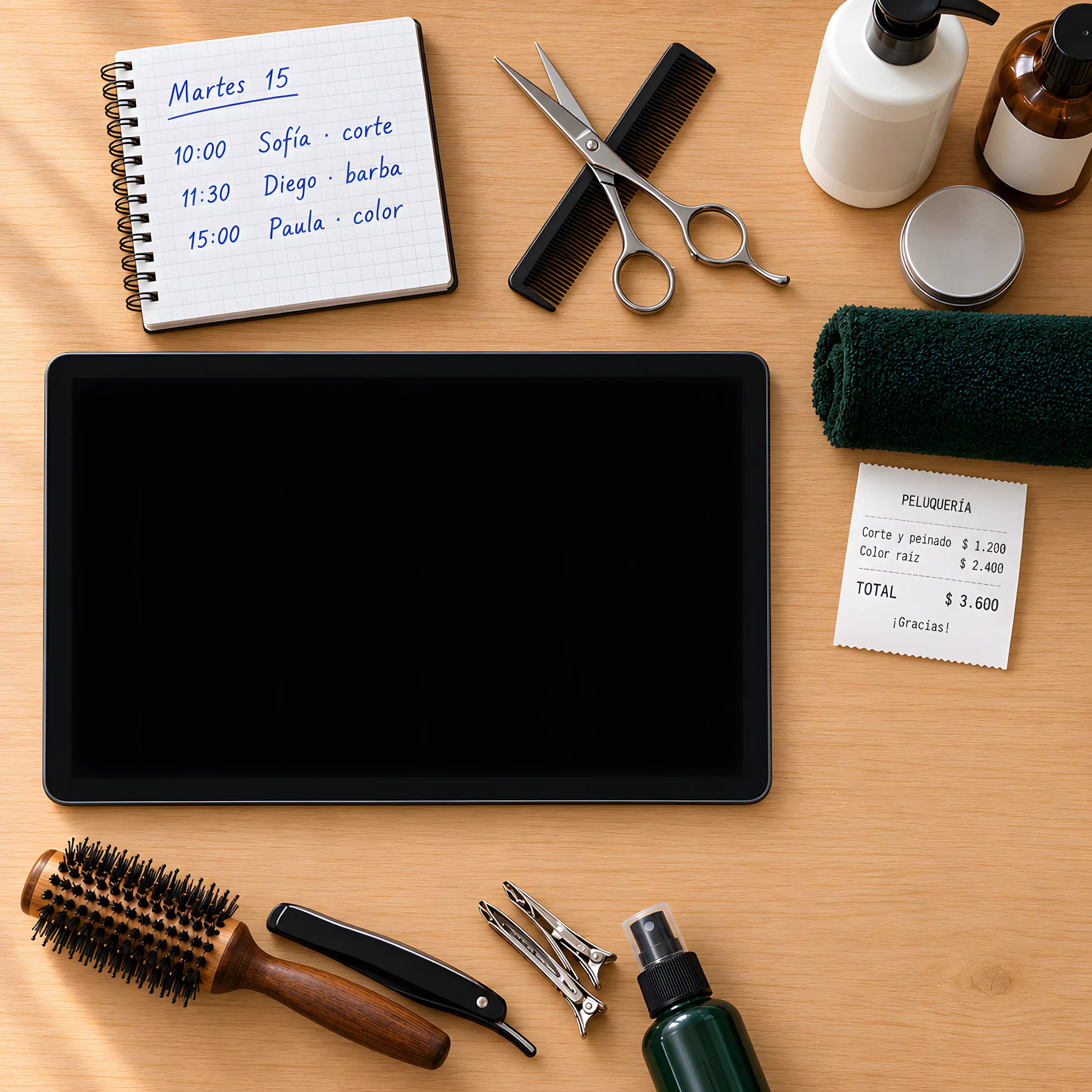 El mostrador de una peluquería visto desde arriba: la agenda de papel del martes con Sofía, Diego y Paula, tijera y peine, productos, una toalla, un ticket, un cepillo y una navaja alrededor de una tableta con Bigu.