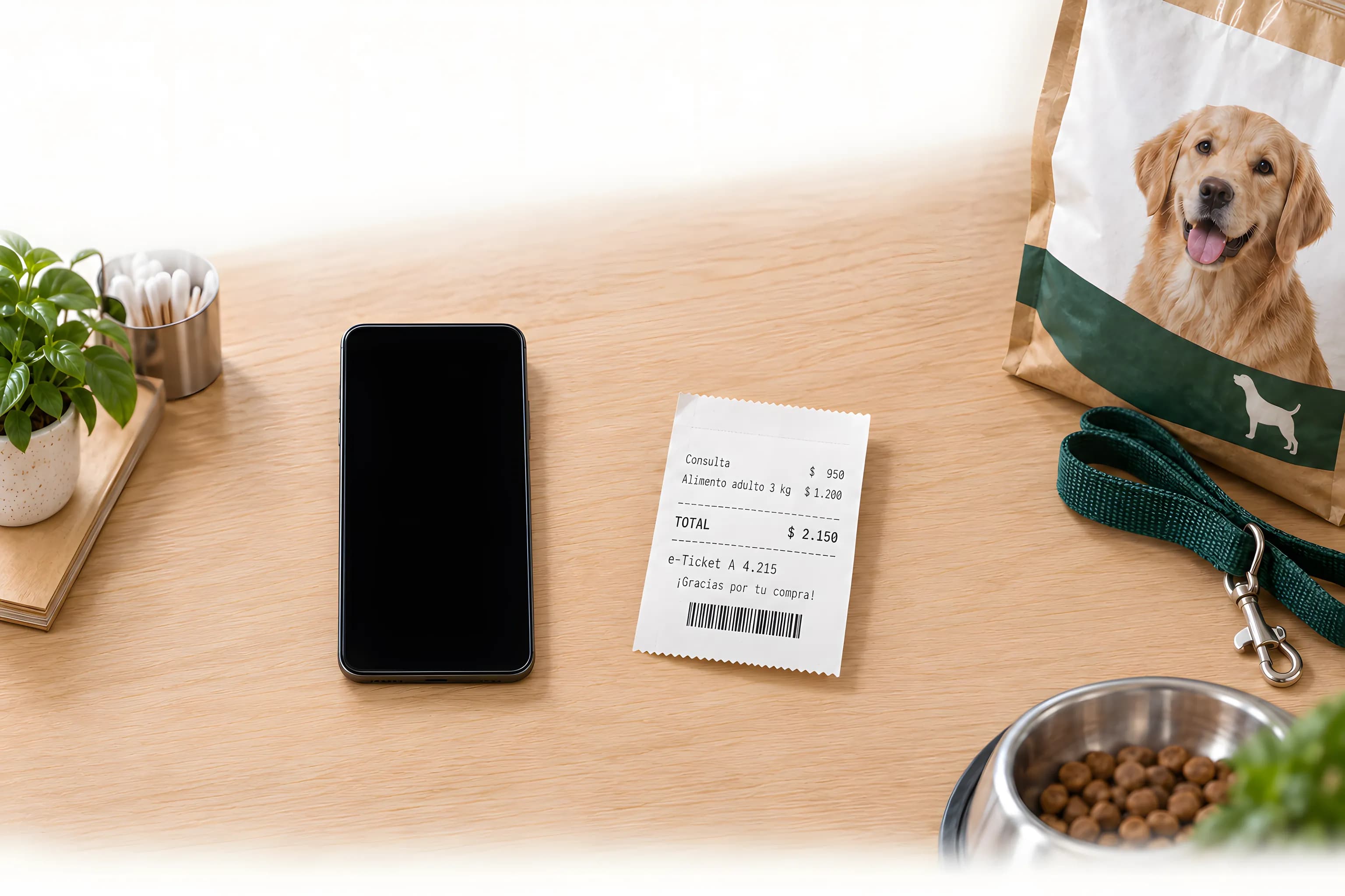 El ticket de la veterinaria sobre el mostrador: una consulta y un alimento adulto de 3 kg por $ 2.150, junto a un celular, la bolsa de alimento, una correa y un plato con alimento.