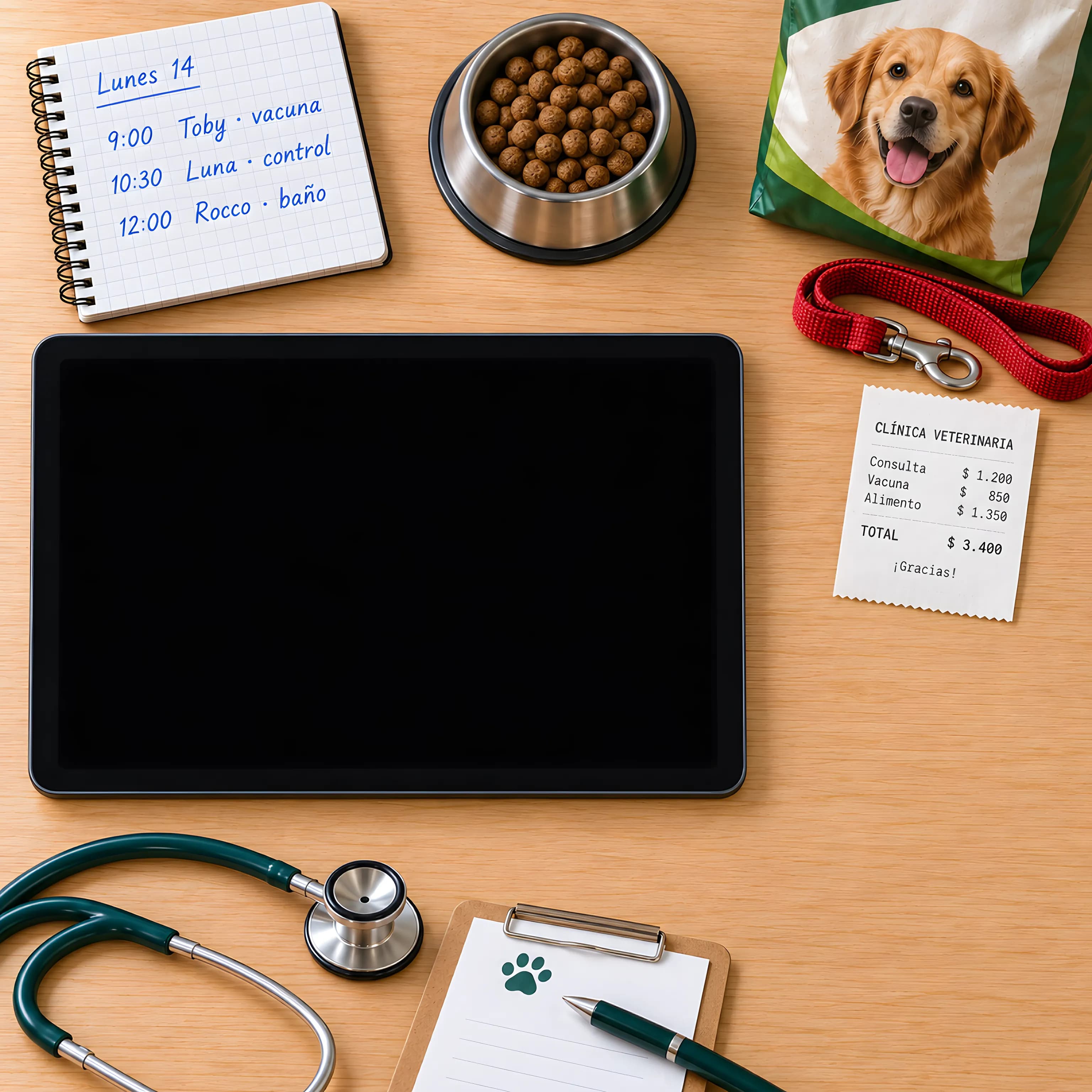 El mostrador de una veterinaria visto desde arriba: la agenda de papel del lunes con Toby, Luna y Rocco, un plato de alimento, una bolsa de comida para perros, una correa, un ticket y un estetoscopio alrededor de una tableta con Bigu.