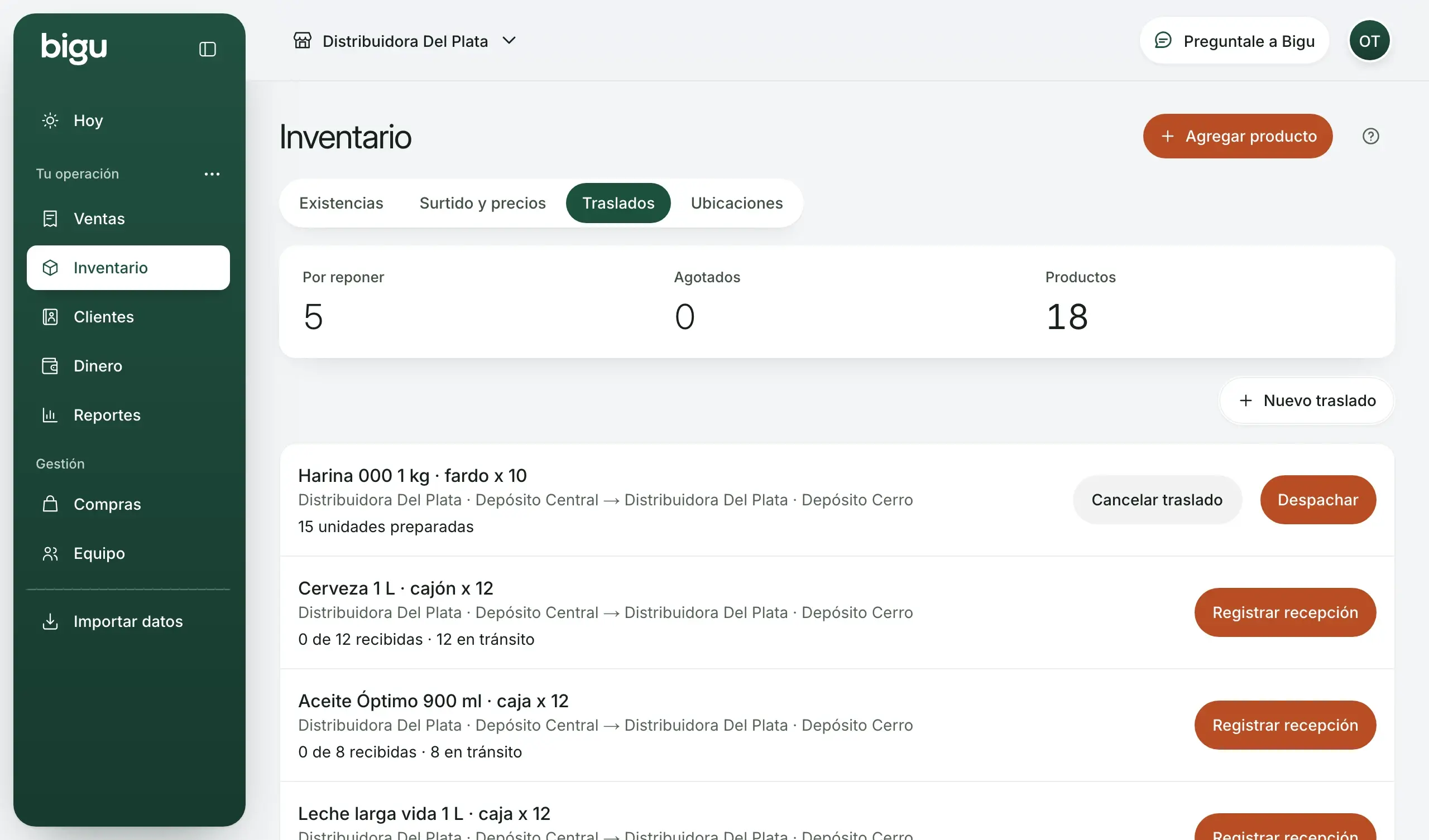 Compras y traslados en Bigu: pedidos a proveedores y movimiento de mercadería. Datos de demostración.