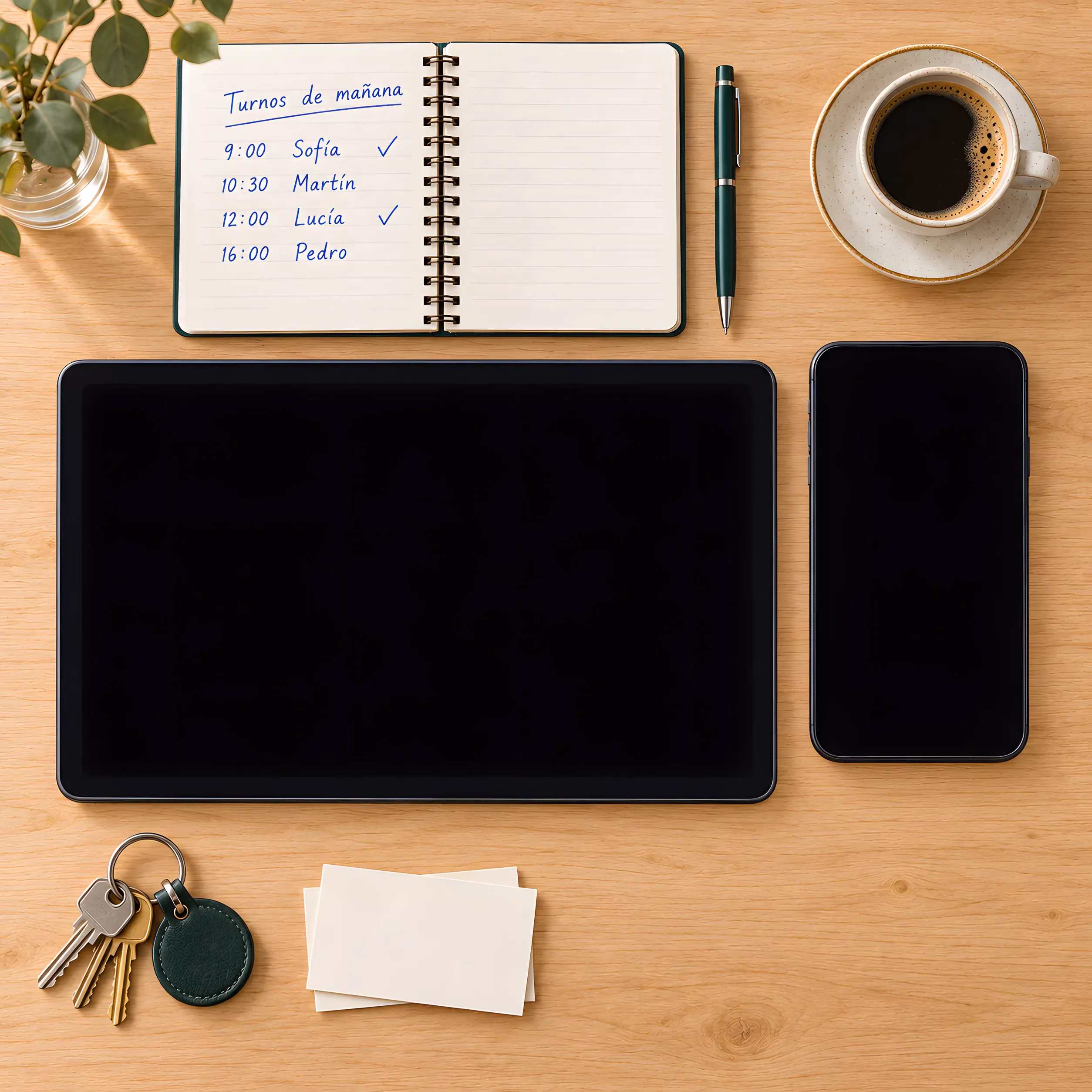 El mostrador de un negocio con turnos: la agenda de papel de mañana, un café y las llaves, junto a una tableta y un celular con una agenda online de Bigu.