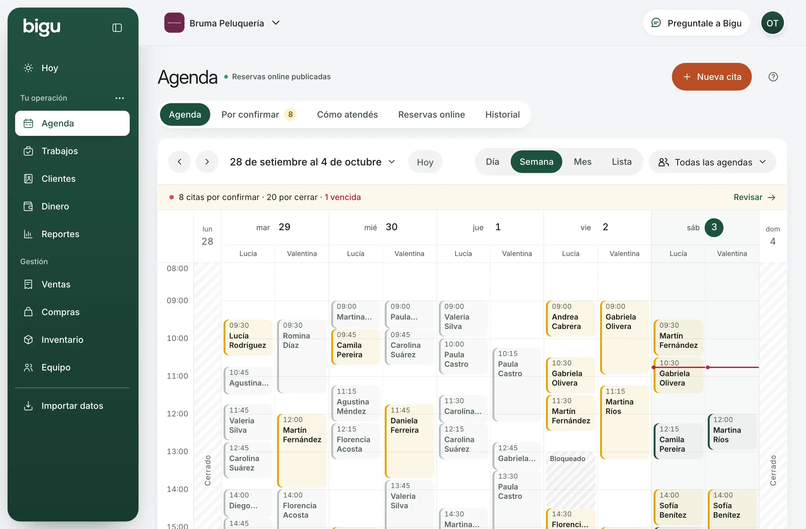 Agenda y reservas en Bigu: citas del día y la semana por profesional. Datos de demostración.