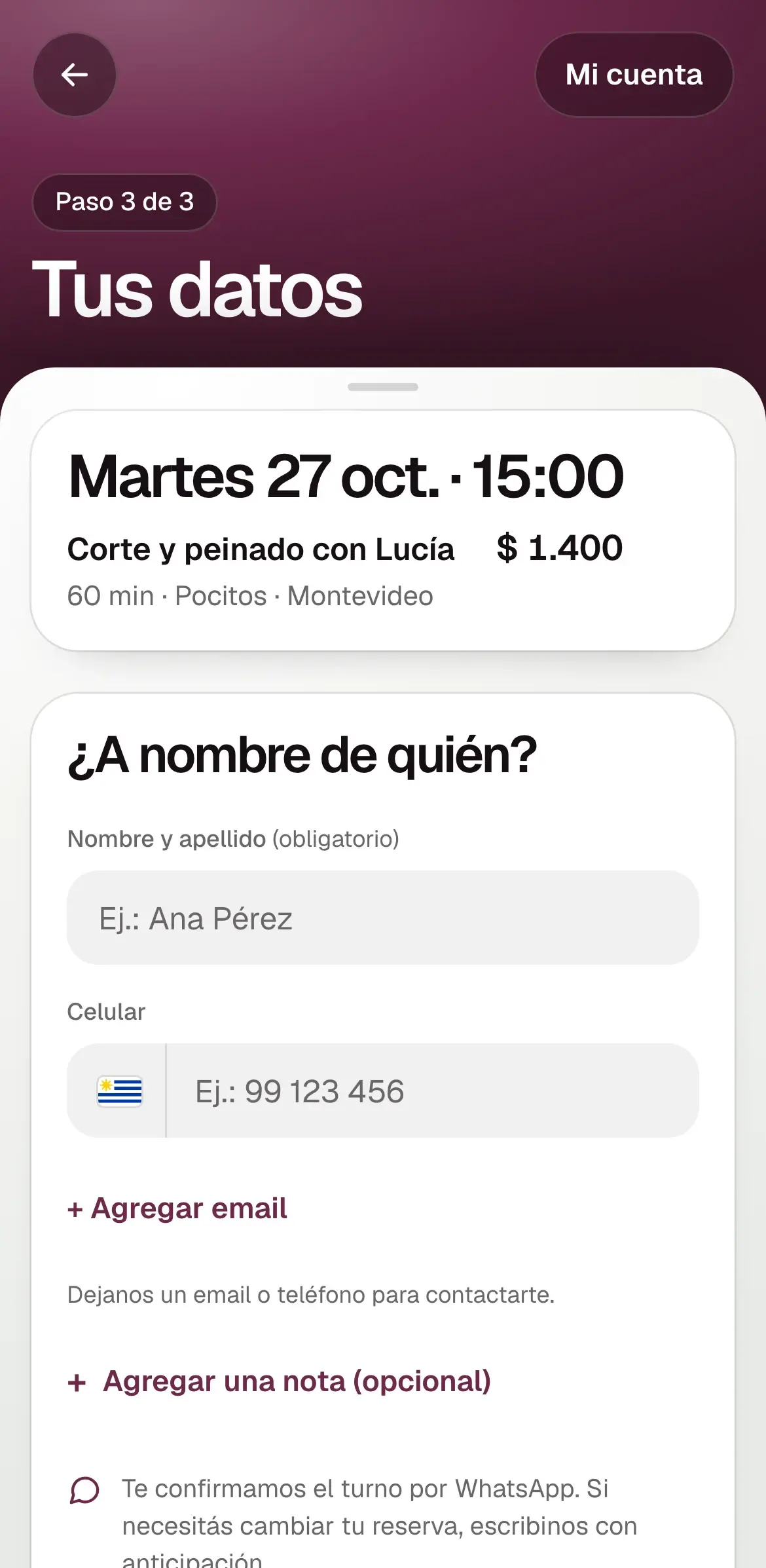 Tus datos: el resumen del turno con día, hora y precio, y el formulario para confirmarlo.