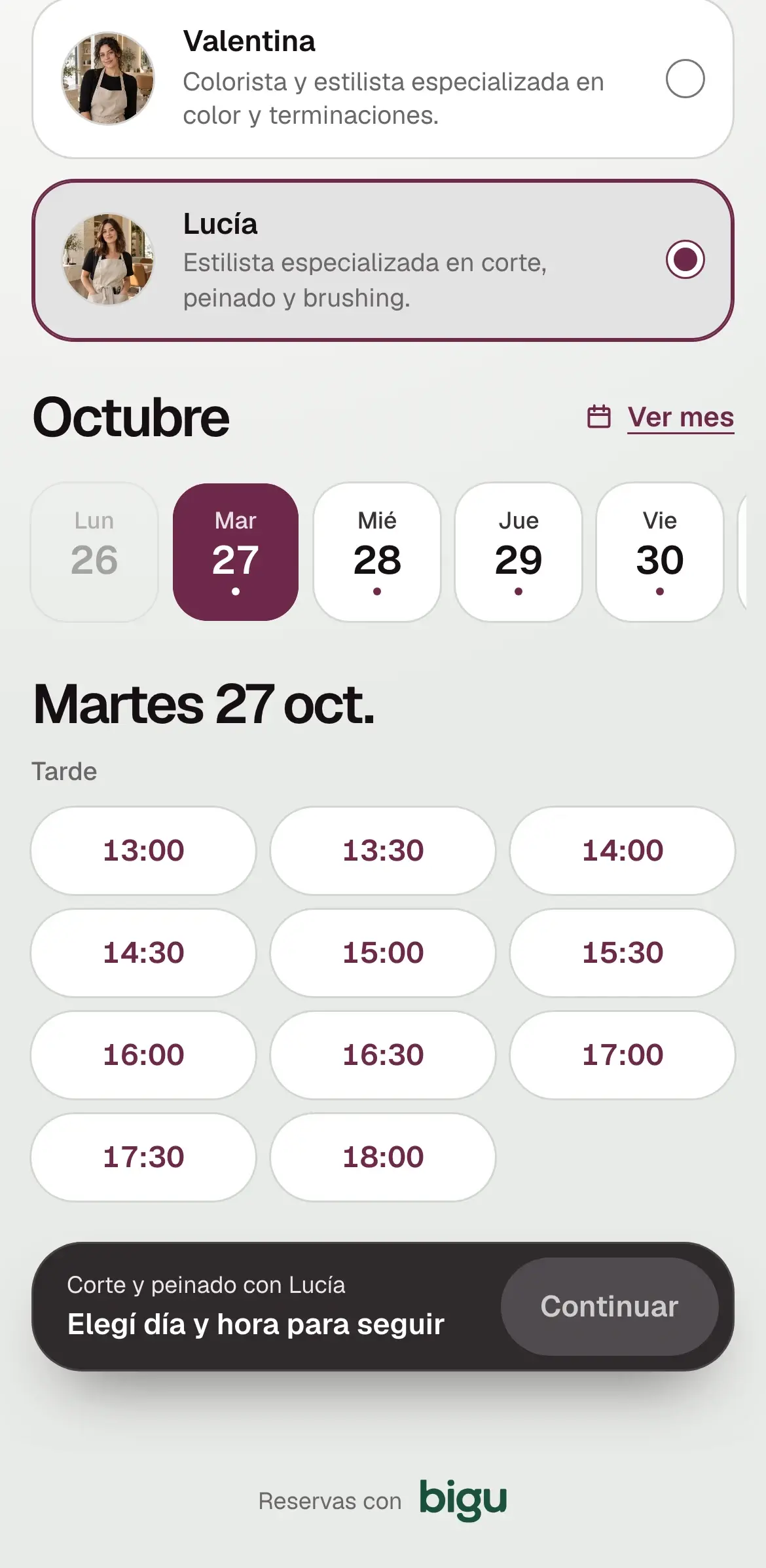 Día y hora: la profesional elegida, los días de octubre y los horarios libres de la tarde.