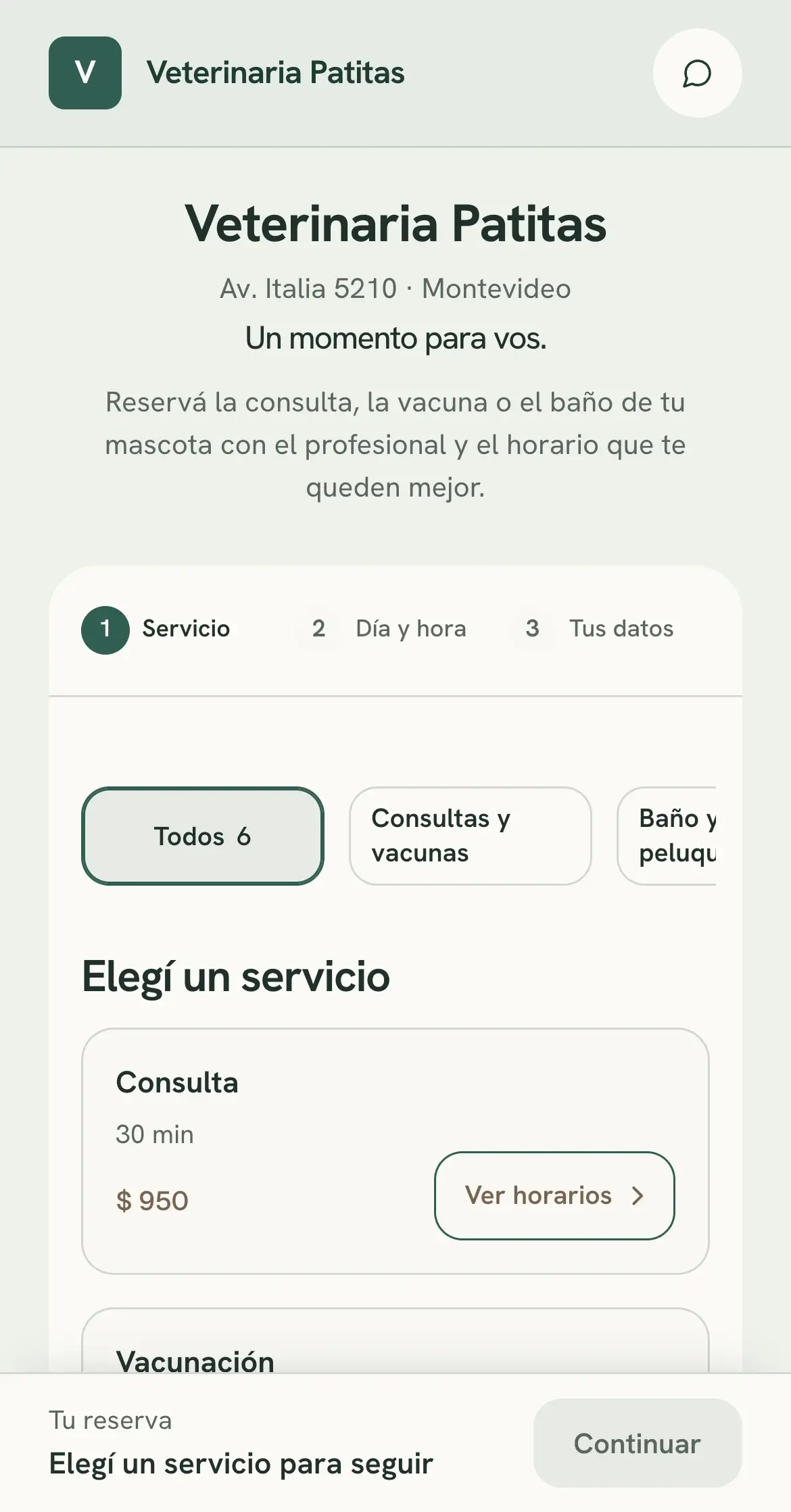 Página de reservas de Veterinaria Patitas en el celular: el cliente elige la consulta, el profesional y el horario.