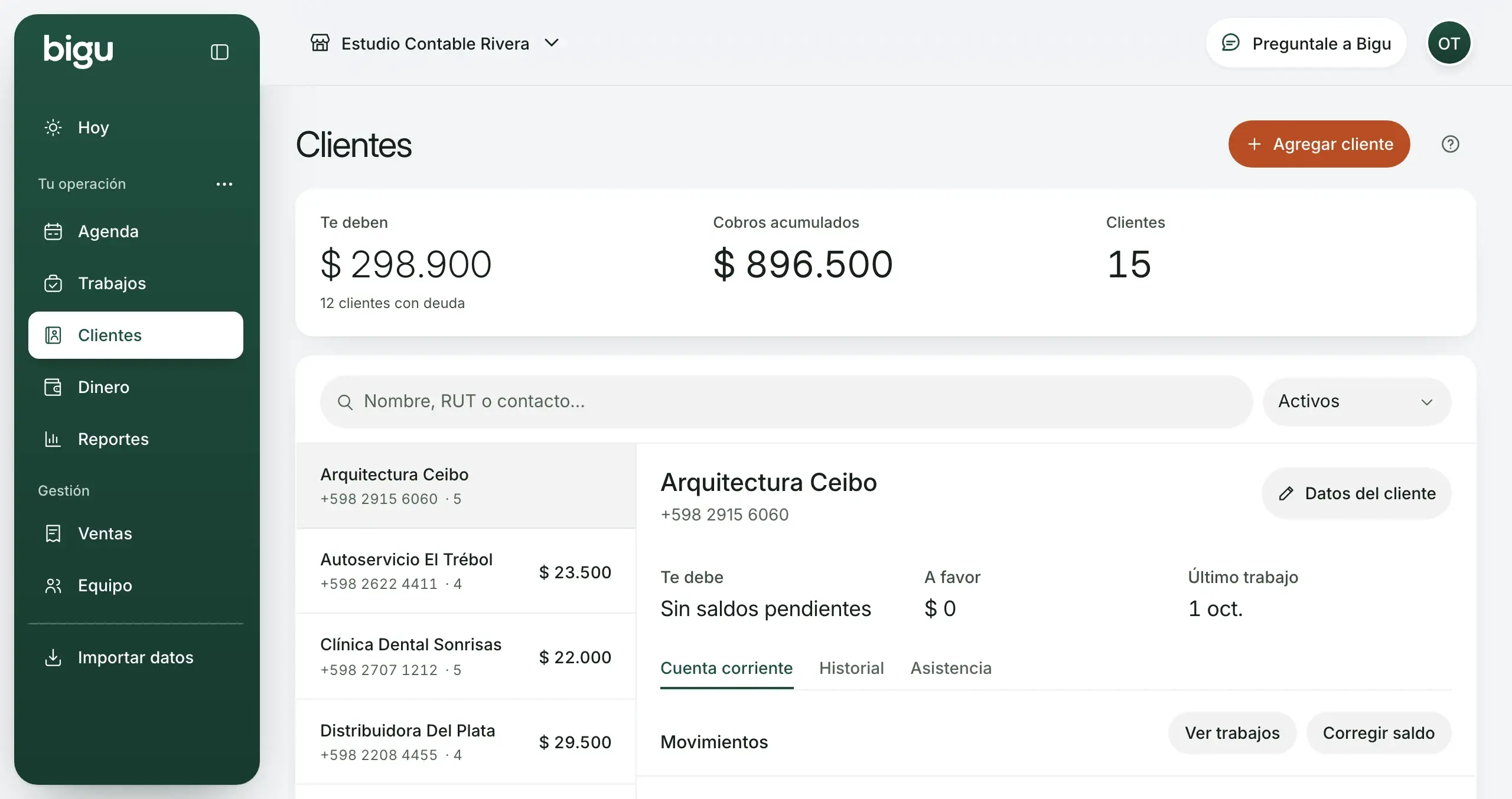 Clientes y honorarios en Bigu: cuentas de cada cliente y ventas periódicas de cada mes. Datos de demostración.