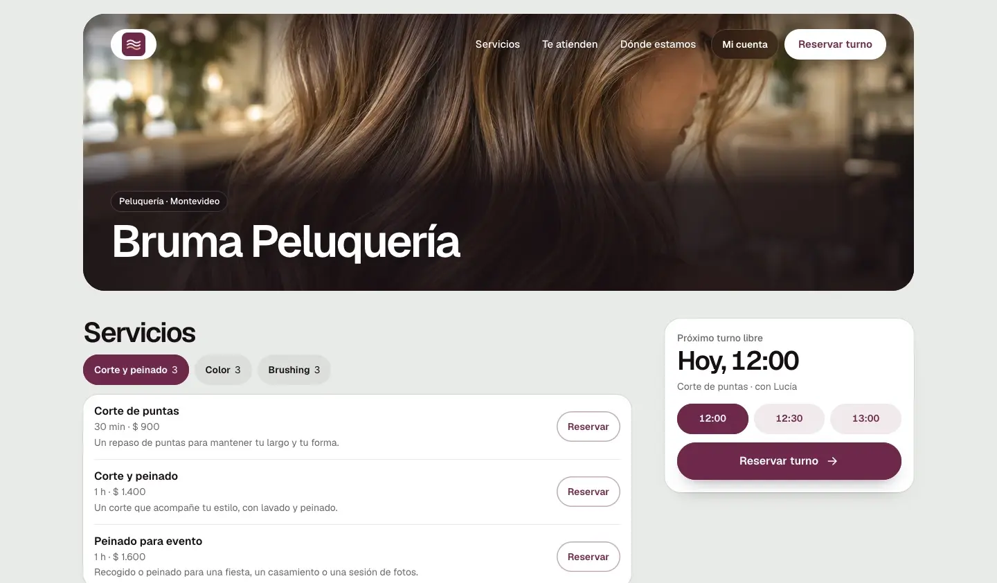 Vista de la agenda de ejemplo de Bruma Peluquería