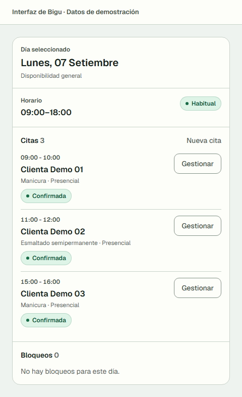 Detalle de un día con tres citas de demostración: horario, clienta, servicio y estado confirmado.