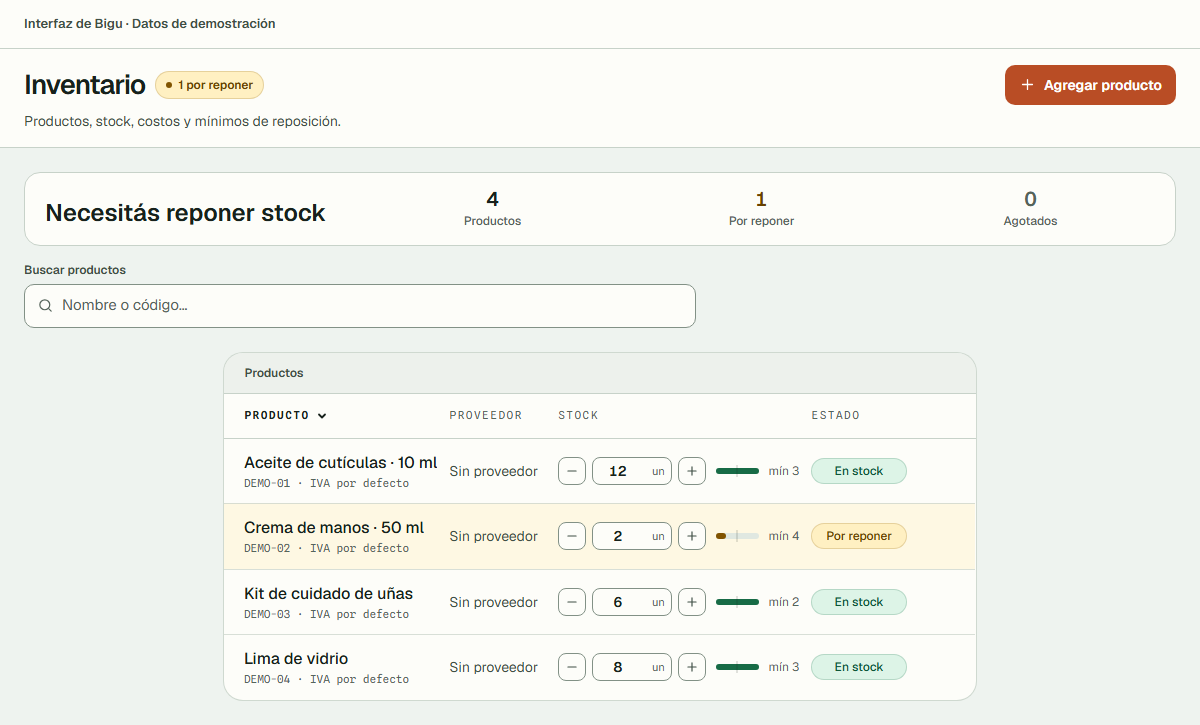 Inventario de Bigu con productos de belleza, existencias y estados de stock. Datos de demostración.
